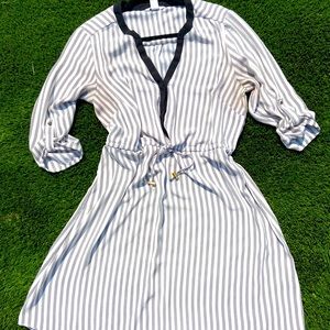 H&M shirt dress, size 14, white with black stripes, drawstring at waist